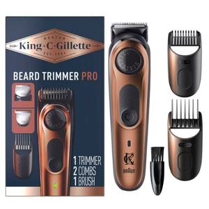 lot 29281 image: King C. Gillette Beard Trimmer PRO with 40 beard length settings in precise 0.5mm steps, cordless design & 1 trimmer, 1 brush, 2 combs, 1 charger and 1 T-blade - Retail $45