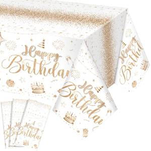 lot 676 image: Tudomro 3 Pcs Plastic Happy Birthday Party Tablecloths,Champagne - Retail $10