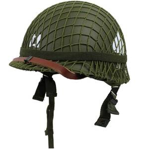 lot 677 image: WWII US WW2 Army M1 Steel Pot Helmet Replica - Military Gear Uniform with Net Cover, Chin Strap, Cat Eye Belt - Retail $40