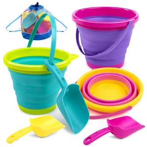 lot 678 image: JOYIN Foldable Beach Bucket Set - 3 Packs Collapsible Toy Buckets with Shovels and Mesh Backpack for Kids Toddlers Party, Camping Gear, Travelling, Fishing Water Pail (PinkPurpleGreen) - Retail $25
