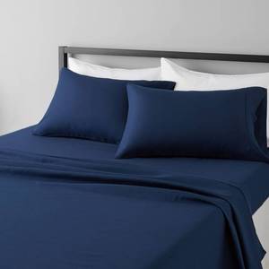 lot 679 image: Amazon Basics Lightweight Super Soft Easy Care Breathable Microfiber 4 Piece Bed Sheets Set with 14-Inch Deep Pockets, Full, Navy Blue, Solid - Retail $15