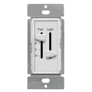 lot 695 image: ENERLITES 3 Speed Ceiling Fan Control and LED Dimmer Light Switch, 2.5A Single Pole Light Fan Switch, 300W Incandescent Load, No Neutral Wire Required, 17001-F3-W, White - Retail $21