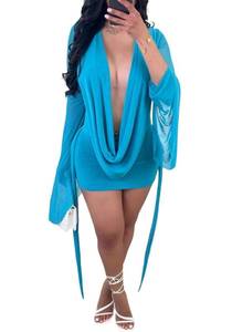 lot 713 image: SHINFY Womens Sexy Mesh Cowl Neck Swing Backless Mini Birthday Dress Blue - Retail $36