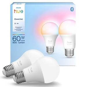 lot 719 image: Philips Hue Essential Smart LED A19 Bulb, White and Color Ambiance, E26 Base, 8.8W, 2200K-6500K, 800 Lumens, Dimmable, Works with Alexa, Google, and Apple Home, 2-Pack - Retail $38