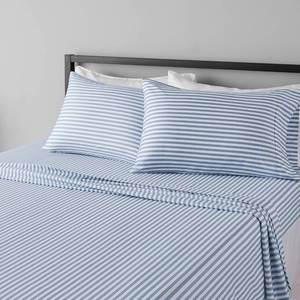 lot 722 image: Amazon Basics Lightweight Breathable Super Soft Microfiber 4 Piece Bed Sheet Set, Wrinkle Resistant With 14-inch Deep Pockets - Queen, Dusty Blue Pinstripe, Printed - Retail $18