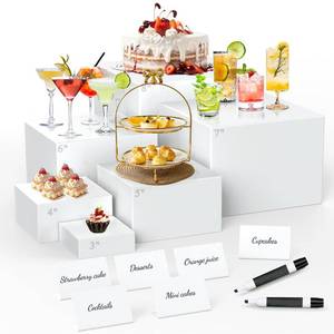 lot 727 image: 6 Pcs Buffet Risers with Mini Sign and Maker, Food Risers Display Stands for Buffet Table Party Catering Dessert Jewelry Collectibles, Nesting Cube Boxes with Hollow Bottoms (8,7,6,5,4,3) - Retail $20