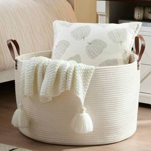 lot 758 image: Luxury Little Extra Large Nursery Storage Basket, 22 x 22 x 14 inches - 100% Cotton Rope Baskets with Handles, Laundry Basket for Toys, Blankets & Pillows - Off White with Leather Handles - Retail $30