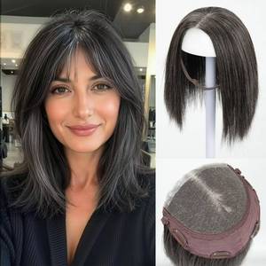 lot 760 image: challeam 5.5x4 Pre-cut Lace Front Hair Toppers with Band for Women Closed Lace Hairline Synthetic Straight Hair Wear and Go Glueless Toppers for Beginners Pepper Grey - Retail $50