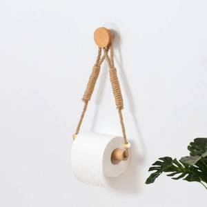 lot 780 image: Wood & Rope Wall Toilet Paper Holder, Rustic Tissue Rolls Paper Holder Wall Mounted, Nautical Rattan Bathroom Accessories with Self-Adhesive Seamless Screw (with Bead) - Retail $13