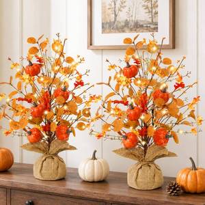 lot 785 image: Timer & Pumpkin - Fall Decor 2 Pack 18 Inch Lighted Fall Tree Tabletop - Retail $28