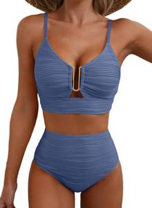 lot 789 image: Herseas Womens Casual High Cut Push Up V Neck Ribbed Swim Suits Sky Blue M - Retail $20
