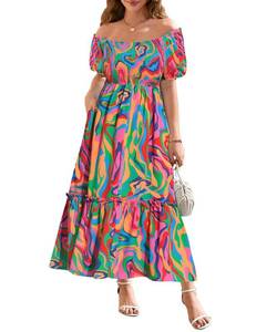 lot 817 image: CARCOS Plus Size Floral Dresses for Curvy Women Multicolor Puff Short Sleeve Dress Square Neck Smocked Off Shoulder Maxi Dress with Pocket Vacation Summer Sundress Wedding Guest Dresses 2XL 18W 20W - Retail $5,390