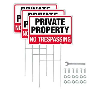 lot 901 image: T&R No Trespassing Sign Private Property Sign with H Stake for Outside,3 Pack,12x8 .040 Rust Free Heavy Aluminum, Waterproof,Includes Matching Screws & Wrench, Easy to Mount - Retail $23