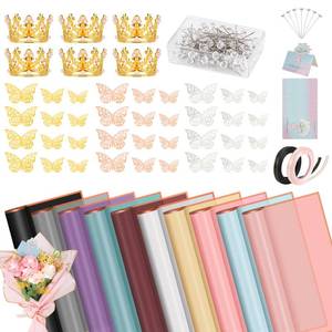 lot 911 image: Hossmily 209 Pcs Flower Bouquet Wrapping Paper Waterproof Floral Wrapping Paper Florist Supplies with Butterfly Decoration Crowns Ribbons Bouquet Pin Glue for DIY Craft (10 Colors) - Retail $19