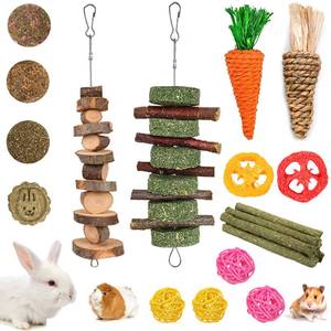 lot 913 image: Grddaef 20 PCS Bunny Chew Toys for Teeth, Natural Rabbit Toys Apple Wood Grass Timothy Sticks Chew and Treat for Guinea Pigs Hamster Chinchillas - Retail $9