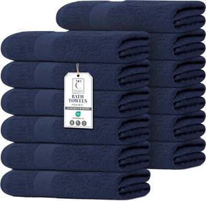 lot 3660 image: $56 Bulk Pack of 12 Large Bath Towels   100% Cotton 24x50 Navy Blue