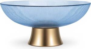 lot 3677 image: Round Blue Glass Bowl, 9.8in, Handblown Striped Design, Metal Base