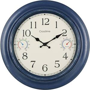 lot 3717 image: Crosstime 18-Inch Outdoor Clock Thermometer & Hygrometer   Blue