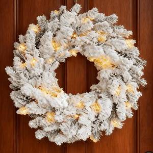lot 3768 image: Flocked Christmas Wreath with Lights - 24-Inch, Pre-Lit