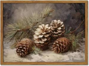 lot 3773 image: Framed Vintage Christmas Canvas Wall Art, Pine Cones, 16 24 in