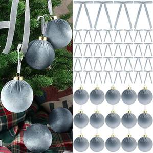 lot 3784 image: 51 Pcs Velvet Ornaments, 15 Balls, 36 Bows, Gray Blue