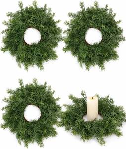 lot 3799 image: 4 Pcs Christmas Candle Rings Wreath, Artificial Green Cedar