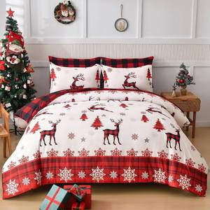 lot 3816 image: $59 Christmas Comforter Set Queen 7-Piece, Reindeer Snowflake Bedding