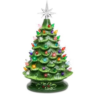 lot 3834 image: $67 Best Choice 15in Ceramic Christmas Tree, Pre-lit 64-Lights Green