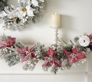 lot 3839 image: 4 Flocked Poinsettia Garland by Valerie, WHITE