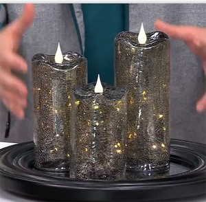 lot 3871 image: Set of 3 Illuminated Crackle Glass Candles by Valerie SMOKE