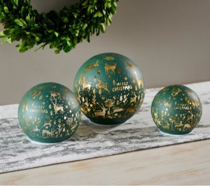 lot 3894 image: 3pc Home Reflections Lit Glass Spheres with Holiday Scene, RED