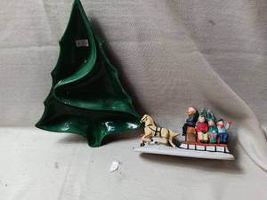 lot 33958 image: Christmas Tree Platter with vintage Lemax Christmas Village porcelain figurine