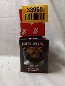 lot 33965 image: Vintage Classroom Kringles Glass Bell Cat ornament by Russ Berrie and vintage John Wayne The Duke decoupage ball ornament.