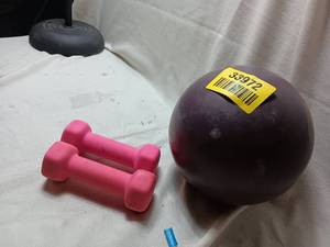 lot 33972 image: Rhino bowling ball and set of 3 pound  hand weights