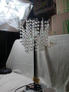 lot 33975 image: Silver base with black stem tabletop crystal chandelier centerpiece featuring cascading strands of dangling beaded crystals.