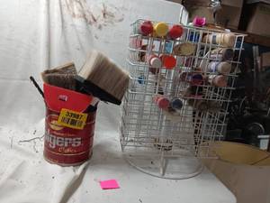 lot 33987 image: A variety of paint supplies, paint brushes, and assorted paint colors