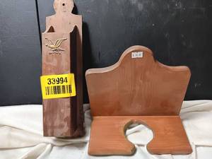 lot 33994 image: Pair of vintage wooden folk art wall-hanging mail holder and shelf featuring carved geometric and floral details