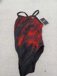 lot 21585 image: TYR Red and Black Striped One-Piece Swimsuit