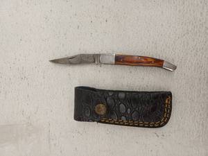 lot 21685 image: MHSCutlery Damascus Steel Folding Pocket Knife With Leather Sheath, 7.25 Inch