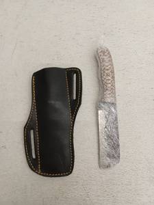 lot 21690 image: MHSCutlery Damascus Fixed Blade Knife with Leather Sheath, 8.5 Inch