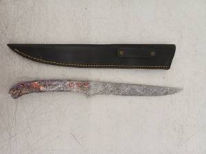 lot 21707 image: MHSCutlery Damascus Steel Blade Knife w Leather Sheath, 14 Inch