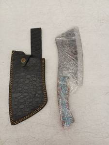 lot 21708 image: MHSCutlery Damascus Steel Butchers Cleaver Knife with Leather Sheath, 12 Inch