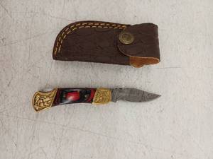 lot 21713 image: MHSCutlery Damascus Steel Folding Knife w Leather Sheath, 5.5 Inch