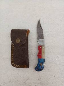 lot 21716 image: MHSCutlery Damascus Steel Folding Knife w Leather Sheath, 7.5 Inch