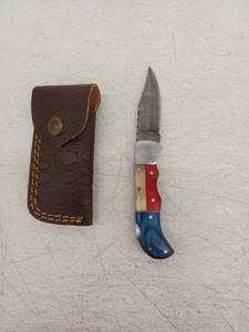 lot 21717 image: MHSCutlery Damascus Steel Folding Blade Knife w Leather Sheath 6.5 Inch