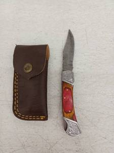 lot 21719 image: MHSCutlery Damascus Steel Folding Knife w Leather Sheath, 7 Inch