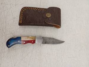 lot 21720 image: MHSCutlery Damascus Steel Folding Knife w Leather Sheath, 7 Inch