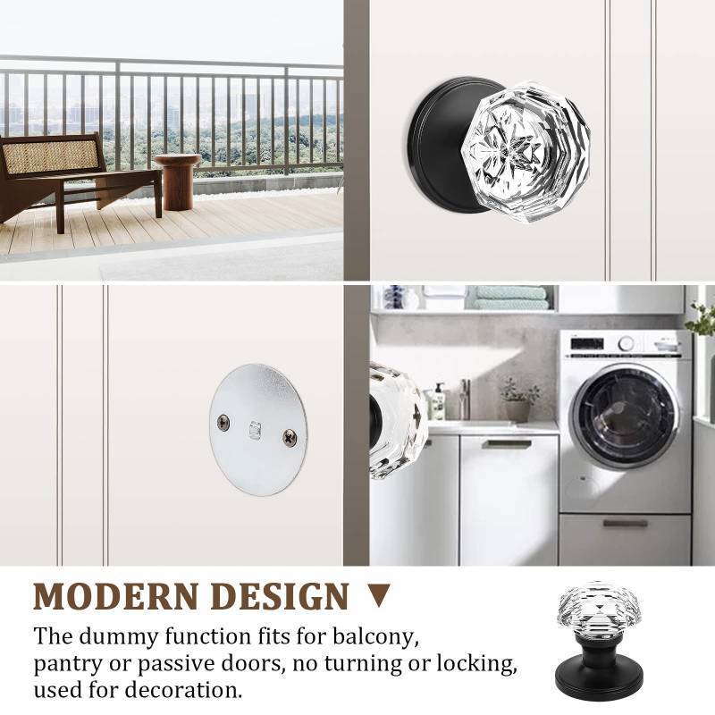 lot 2151 image: Orger 1 Pack Crystal Dummy Door Knob for French DoorBalcony Pantry, Individual Dummy Interior Door Handle Without Lock, Clear Glass Knob with Flat Black Base - Retail $698