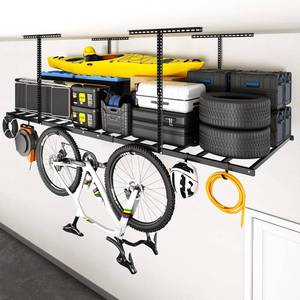 $138 Safe Racks 4x8 Overhead Garage Ceiling Storage Rack with 10 Hooks, Heavy-Duty Metal Ceiling Racks, Storage Organization System