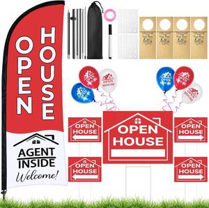 lot 8005 image: 44 Pcs Open House Signs for Real Estate Agent Supplies, Double Sided Open House Flag with Poles Kit, 7.6 x 5.4 Ft Red Opening Sign Banner Set, 5 Pack Yard Signs with Metal Stakes 30 Balloons